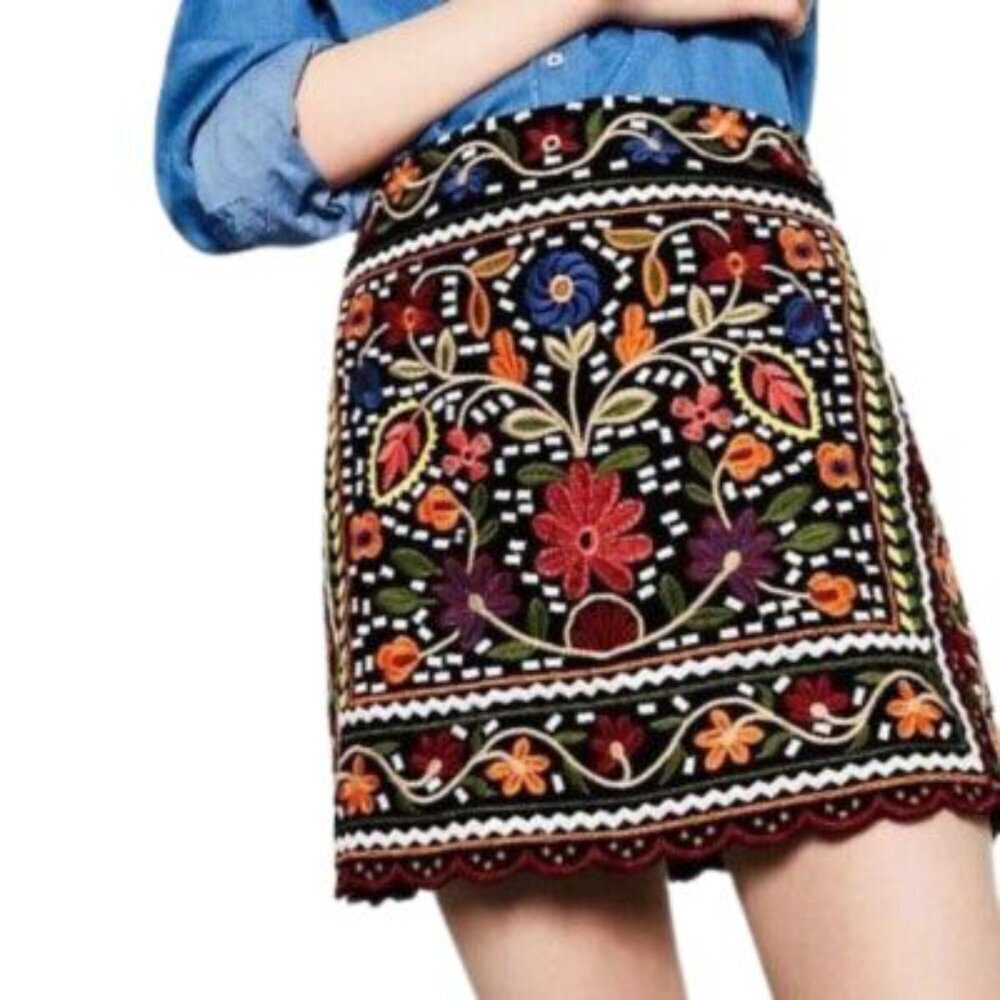 Zara Boho Embroidered Mini Skirt